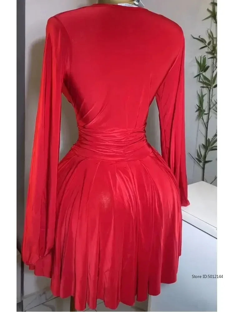 Mini robe de soirée pour femmes, nouvelle collection printemps/été 2021, décontractée, Sexy, plongeante, froncée, manches lanternes, boutons, jupe courte trapèze quotidienne