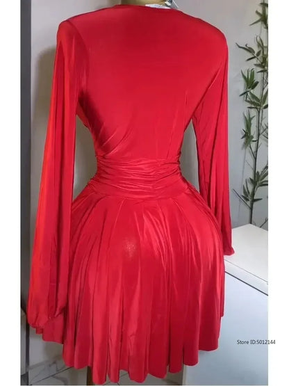 Mini robe de soirée pour femmes, nouvelle collection printemps/été 2021, décontractée, Sexy, plongeante, froncée, manches lanternes, boutons, jupe courte trapèze quotidienne