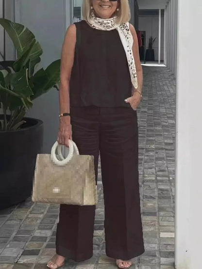 Costumes simples en coton et lin pour femmes, mode d'été, chemisier ample sans manches, pantalon à jambes larges, ensemble deux pièces pour femmes, tenues décontractées