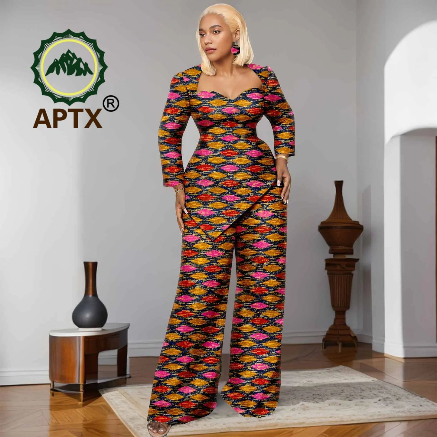 Ensemble deux pièces imprimé africain Ankara pour femmes, haut à manches neuf quarts et pantalon longueur au sol, ensemble décontracté Dashiki avec boucles d'oreilles