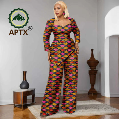 Ensemble deux pièces imprimé africain Ankara pour femmes, haut à manches neuf quarts et pantalon longueur au sol, ensemble décontracté Dashiki avec boucles d'oreilles