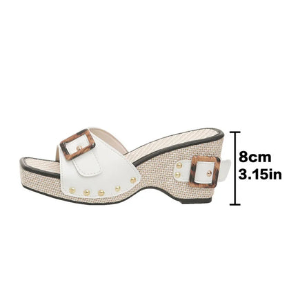 2025 été nouvelles femmes sandales mode compensées talon plate-forme pantoufles à talons hauts Rivet boucle en métal décor décontracté Rome sandales 8CM