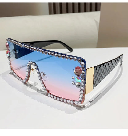Lunettes de soleil une pièce pour femmes, grande monture rectangulaire incrustée de diamants, avec diamants d'eau