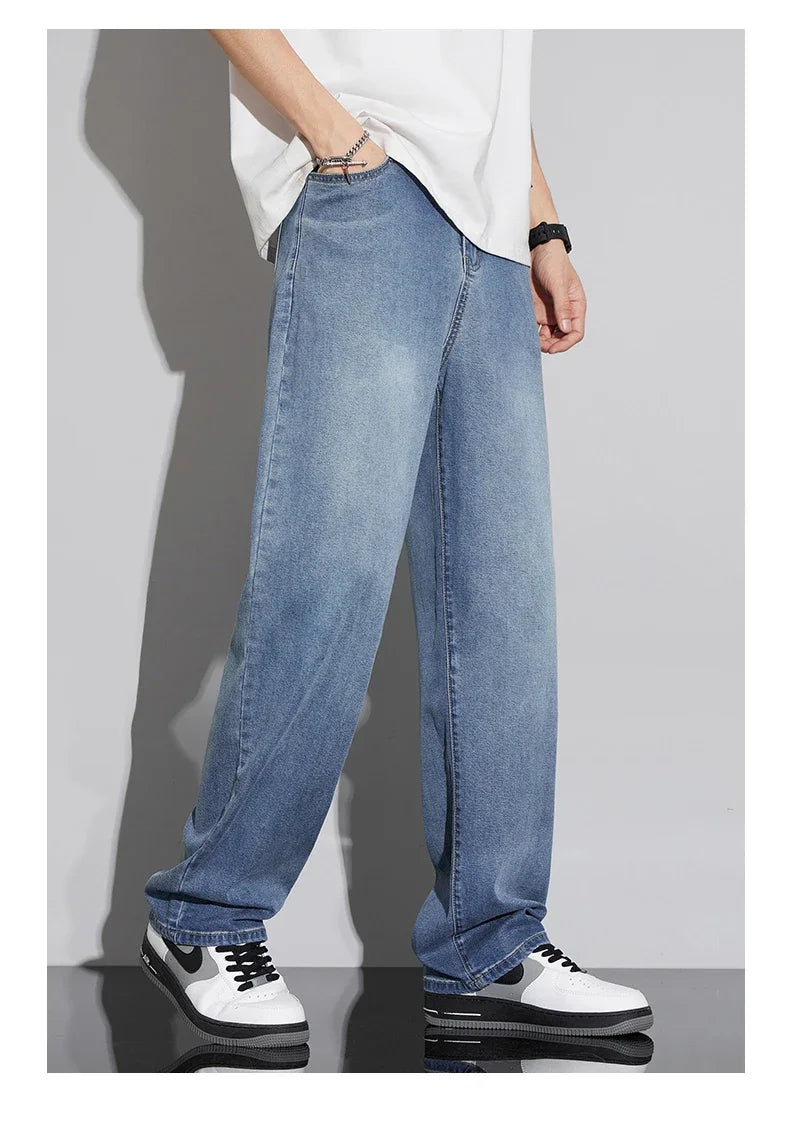Jean Baggy d'été pour hommes, Baggy, drapé doux, ample, confortable, jambes larges, pantalon en soie glacée, rétro, élastique, décontracté, Denim