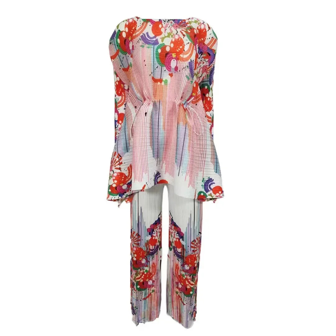 ANLAN-Ensemble Deux Pièces Plissé pour Femme, Imprimé, Manches sulf, Lacets, Taille Ronde, Pantalon Décontracté, Nouvelle Collection Automne 2024, 7YK3519