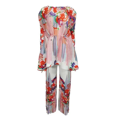 ANLAN-Ensemble Deux Pièces Plissé pour Femme, Imprimé, Manches sulf, Lacets, Taille Ronde, Pantalon Décontracté, Nouvelle Collection Automne 2024, 7YK3519