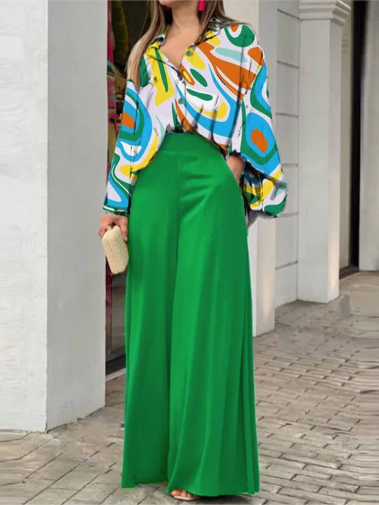 Ensemble imprimé à la mode pour femmes, chemise décontractée à manches longues + poches, taille haute, pantalon à jambes larges, ensemble de 2 pièces pour le bureau, printemps et été