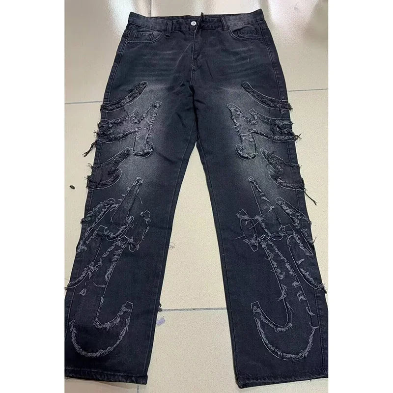 Hommes Baggy Esthétique Streetwear Jeans Mâle Rétro Mode Jambe Large Denim Pantalon Graphique Brodé Designer Hip Pop Denim Pantalon