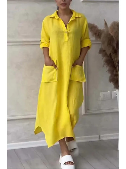 Robe longue en lin à manches longues pour femmes, robe maxi blanche avec poches, élégante, mode décontractée, été, 2024