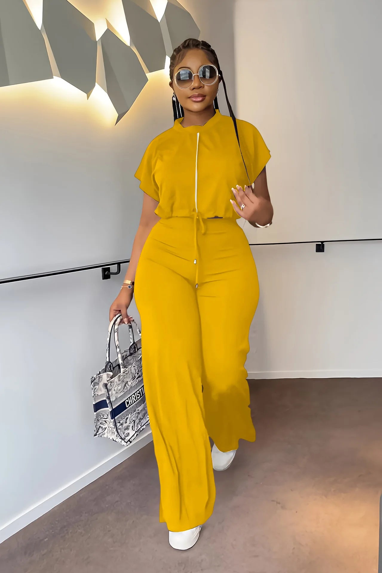 Femmes décontracté col rond cordon à manches courtes haut et taille haute pantalon ensemble été solide deux pièces costume ensembles tenues ensemble femme