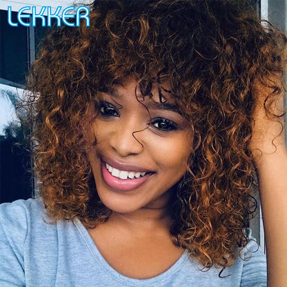Lekker couleur courte Pixie Afro crépus bouclés Bob 100% perruques de cheveux humains avec frange pour les femmes brésilien Remy cheveux Ombre brun perruques