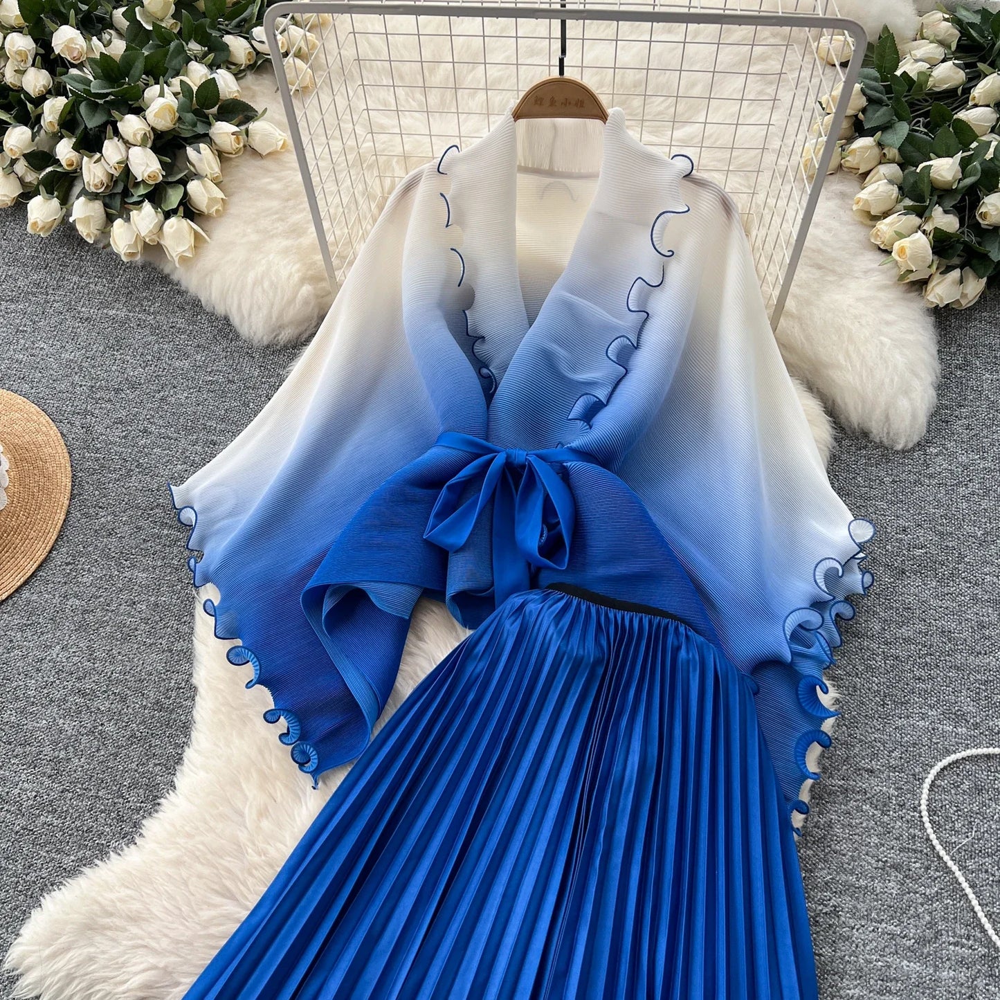 Miyake pli changement progressif couleur bord ondulé costume soleil jupe plissée à la mode et élégant deux pièces ensembles tenues pour femmes