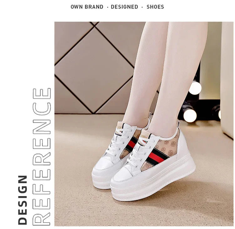 9cm femmes chaussures grosses baskets Air maille évider en cuir véritable blanc chaussures compensées plate-forme talon pompes Mujer Bombas