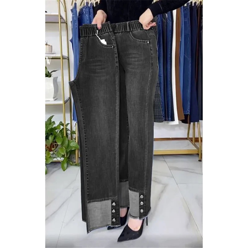 Jean femme d'âge moyen printemps automne taille extensible pantalon en Denim droit grande taille ample taille haute décontractée noir bleu pantalon