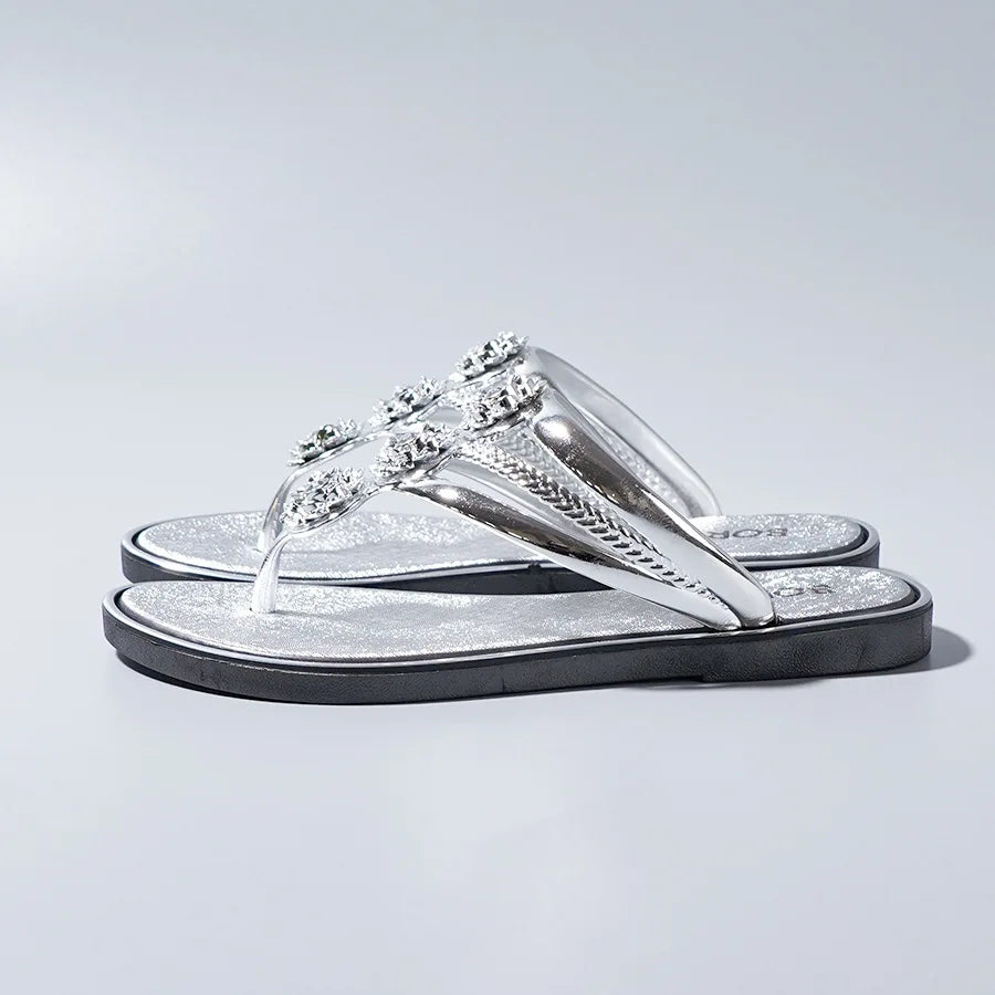 "Sandales tongs pour femmes avec strass, diapositives décontractées de plage pour vêtements d'extérieur, semelles plates et pantoufles d'été"