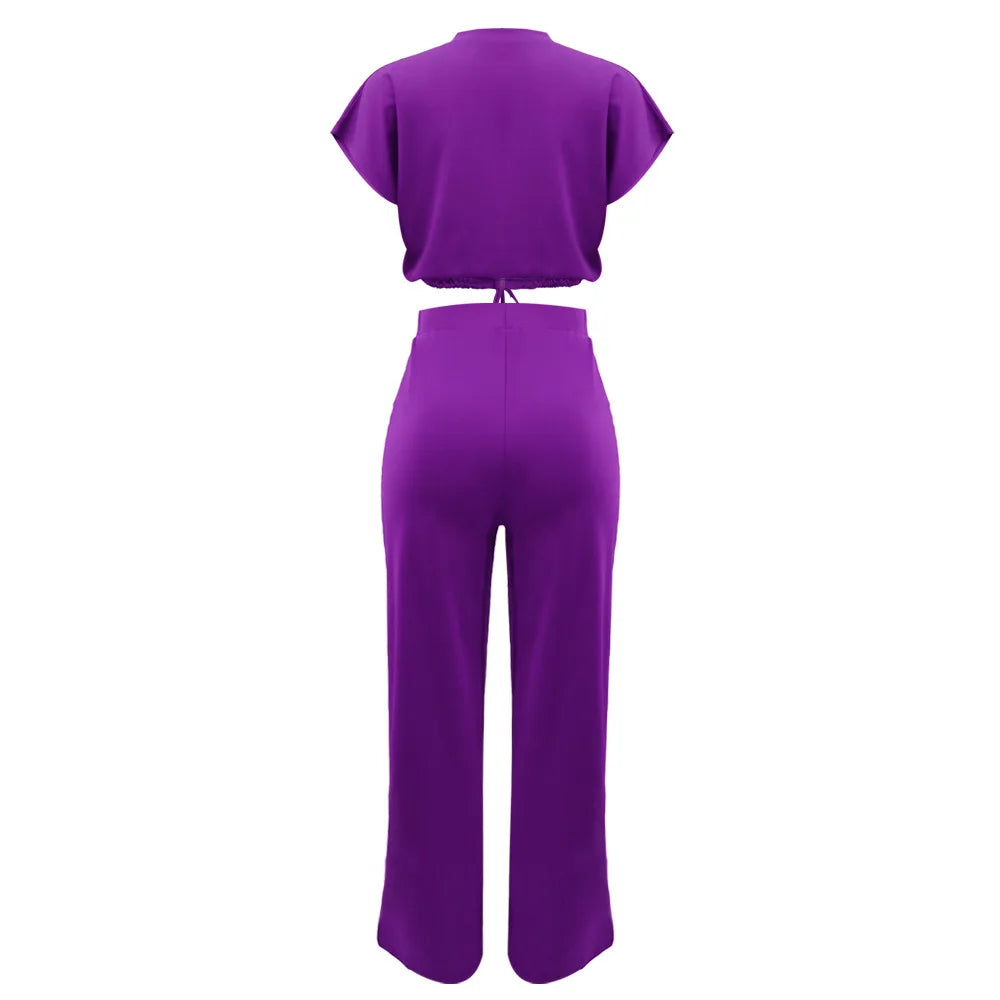 Femmes décontracté col rond cordon à manches courtes haut et taille haute pantalon ensemble été solide deux pièces costume ensembles tenues ensemble femme