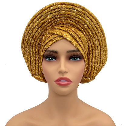 Paillettes Autogele Turban casquette pour femmes prêt africain Auto Gele casque Nigeria mariage Geles femme bandeau dame casque