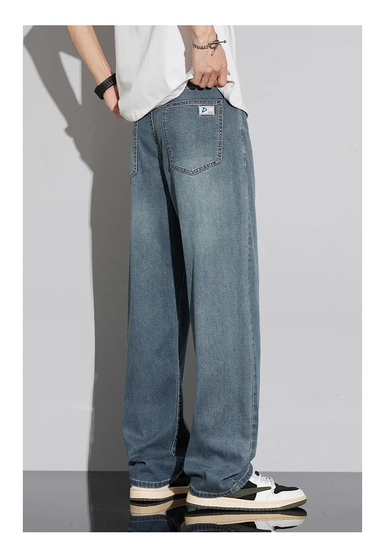 Jean Baggy d'été pour hommes, Baggy, drapé doux, ample, confortable, jambes larges, pantalon en soie glacée, rétro, élastique, décontracté, Denim