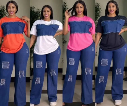 Ensemble dashiki en denim pour femmes, vêtements africains, nouvelle mode, haut à manches courtes et jeans moulants, tenue de soirée assortie pour dames, été, 2 pièces