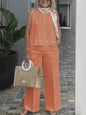Costumes simples en coton et lin pour femmes, mode d'été, chemisier ample sans manches, pantalon à jambes larges, ensemble deux pièces pour femmes, tenues décontractées