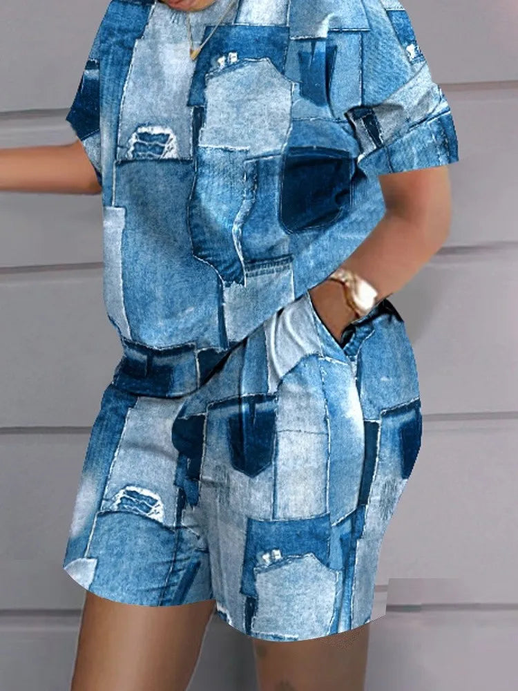 Ensemble deux pièces et short à poches pour femmes, t-shirt imprimé adt, short patchwork, col rond, blanc, décontracté, mode estivale