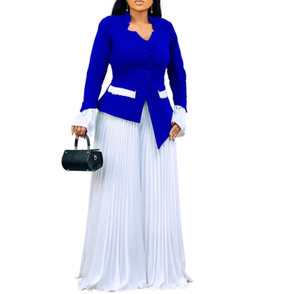 BS -  ensemble élégant  femme manches évasées bouton Blazer chemise + pantalon Long plissé costume Streetwear deux 2 pièces ensemble afrique OL tenues
