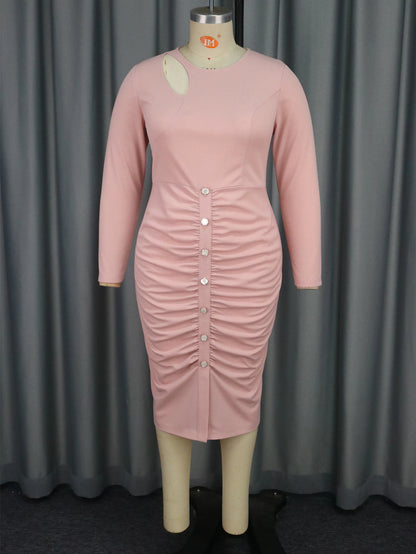 Robe élégante plissée pour femme, manches longues, conception de boutons, batterie, découpée, asymétrique, sexy, évider, fête, vêtements de jour