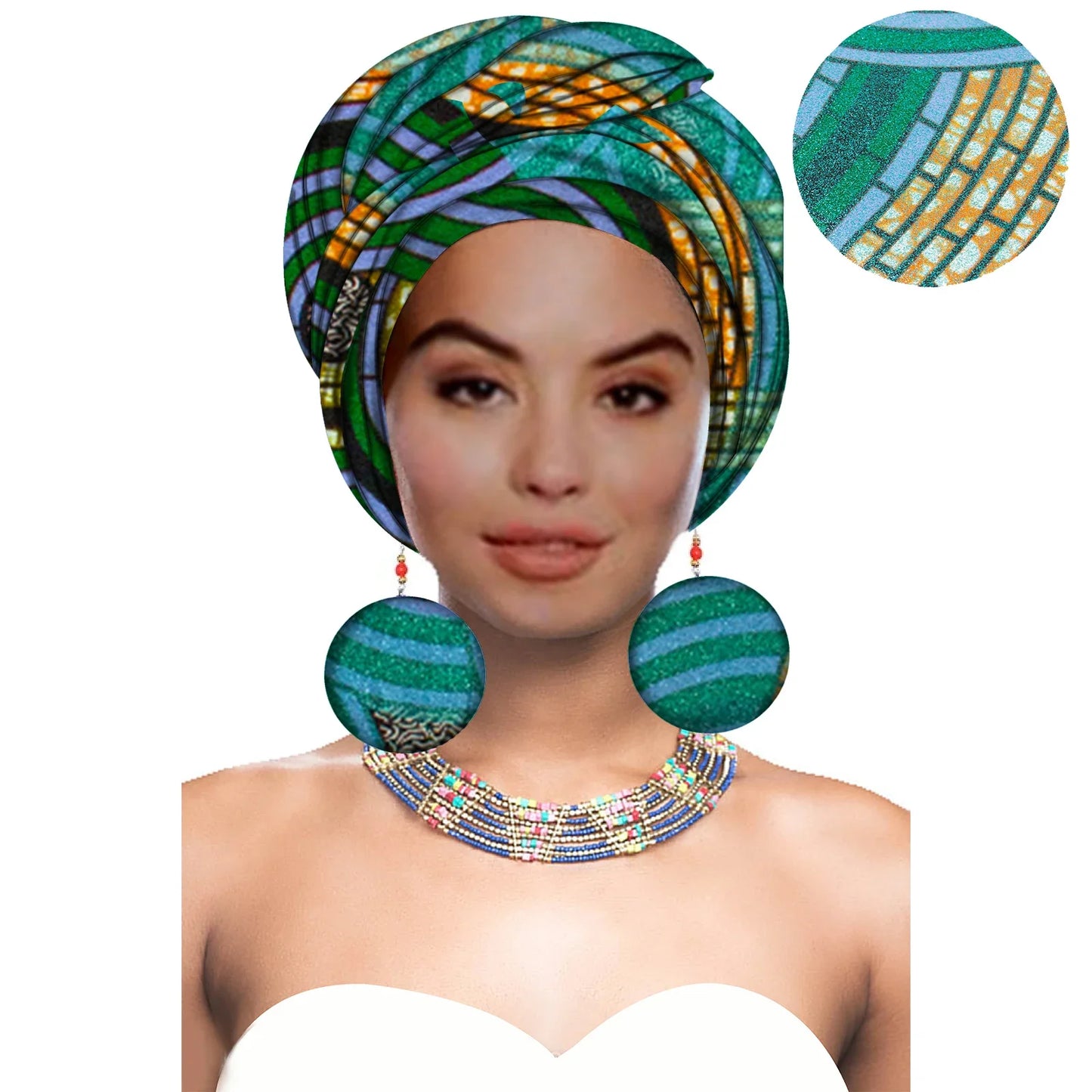 Turbans - bandeaux africains pour femme foulard africain couvre-chef nigérian avec boucle d'oreille assortie Dashiki Ankara cire S20H004