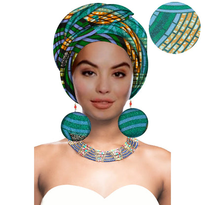 Turbans - bandeaux africains pour femme foulard africain couvre-chef nigérian avec boucle d'oreille assortie Dashiki Ankara cire S20H004