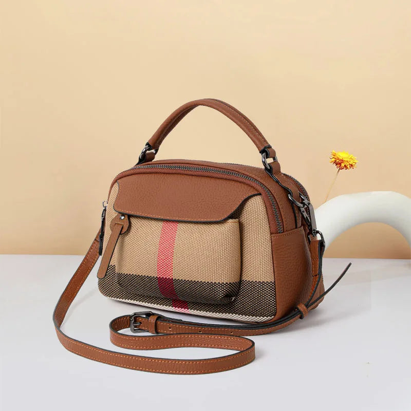 Sac à main chic à motif écossais – Toile premium – Mélange de cuir, haut élégant – poignée et bandoulière