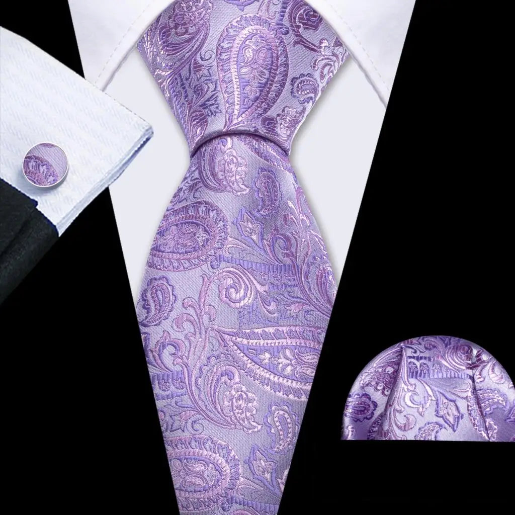 Barry.Wang violet lilas lavande soie hommes cravate mouchoir bouton de manchette ensemble Jacquard cravate florale pour homme mariage fête d'affaires