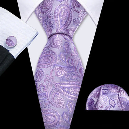 Barry.Wang violet lilas lavande soie hommes cravate mouchoir bouton de manchette ensemble Jacquard cravate florale pour homme mariage fête d'affaires