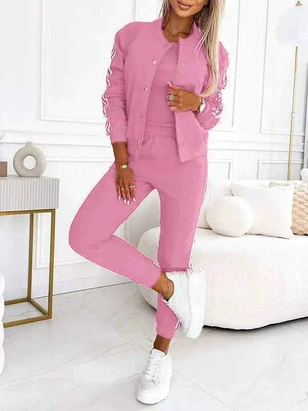 Ensemble trois pièces décontracté pour femmes, débardeur avec bande rayée, pantalon à revers, veste boutonnée, vêtements de sport, survêtements pour femmes, automne