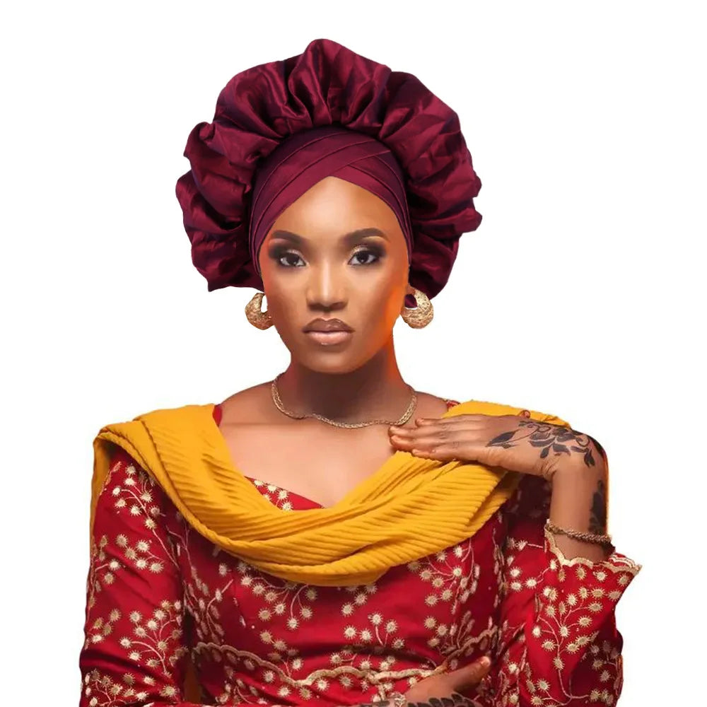 Nouveau bonnet Turban à volants pour femmes, couvre-chef en soie brute africaine, automne, Nigeria, Gele de mariage, bandeau de fête, couvre-chef pour dame