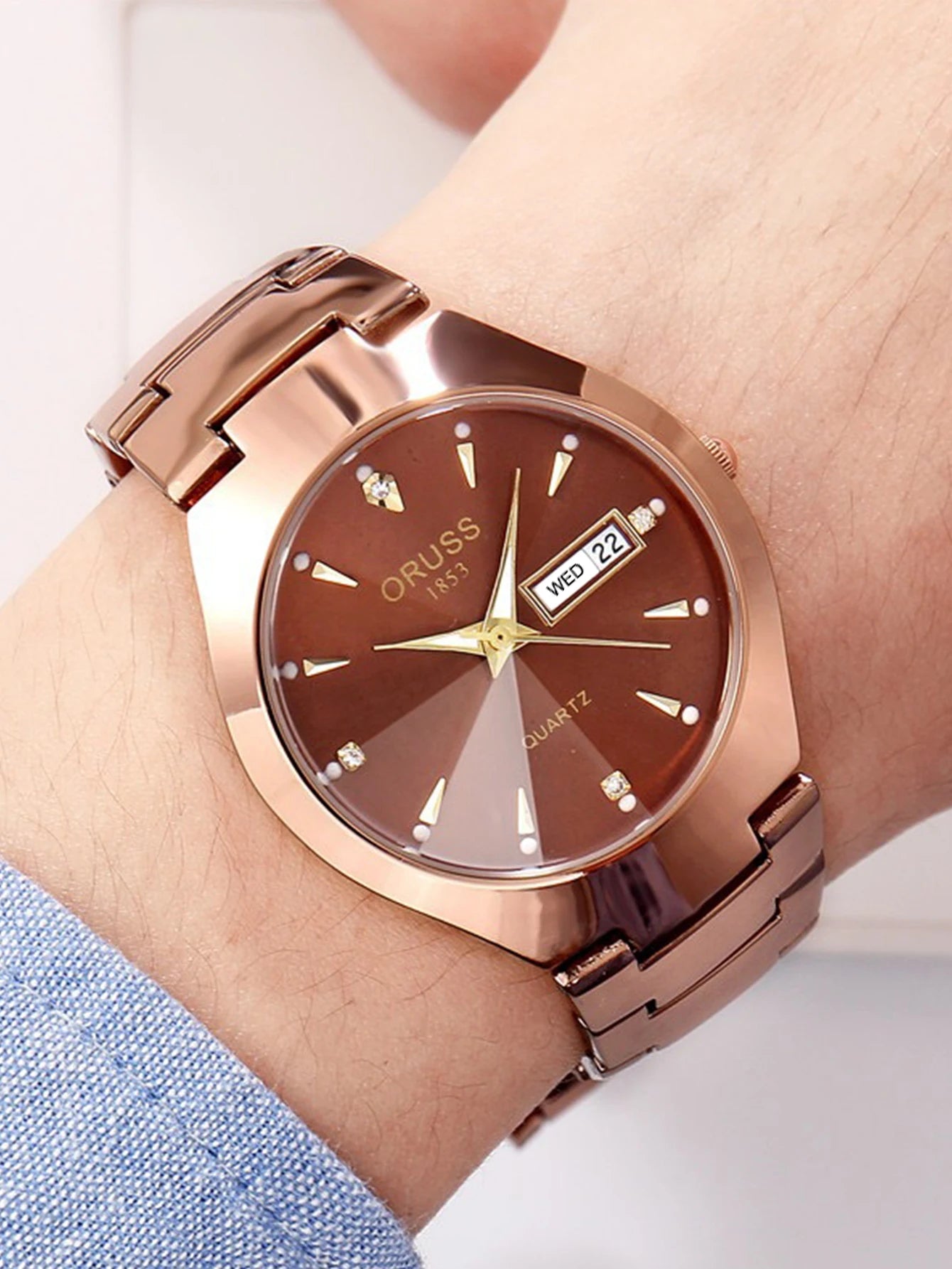 ORUSS-Montre de couple étanche pour hommes et femmes, quartz, acier inoxydable, date, semaine, horloge, cadeau pour amoureux, mode décontractée