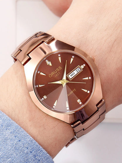 ORUSS-Montre de couple étanche pour hommes et femmes, quartz, acier inoxydable, date, semaine, horloge, cadeau pour amoureux, mode décontractée