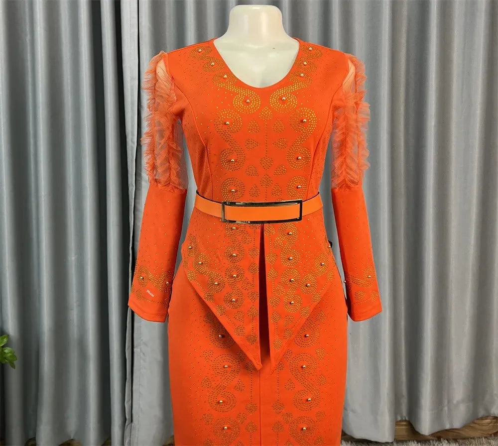 Robe longue africaine à col en v, ornée de strass, manches en maille à bulles, ajustée à la taille, fente latérale, offre spéciale