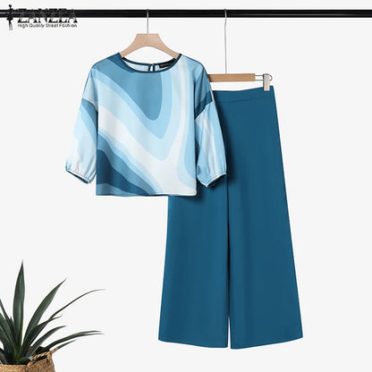 BERAKAH SUPRÊME – ensemble pantalon d'été 2 pièces pour femmes, tenues à la mode, manches 3/4, chemisier imprimé, pantalon, costume de travail décontracté, survêtements assortis