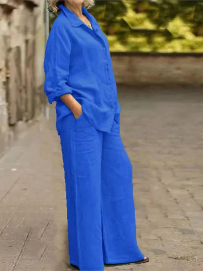 Ensemble 2 pièces en coton et lin pour femmes, chemise à manches longues, jambe large, mode féminine, bureau, printemps, automne