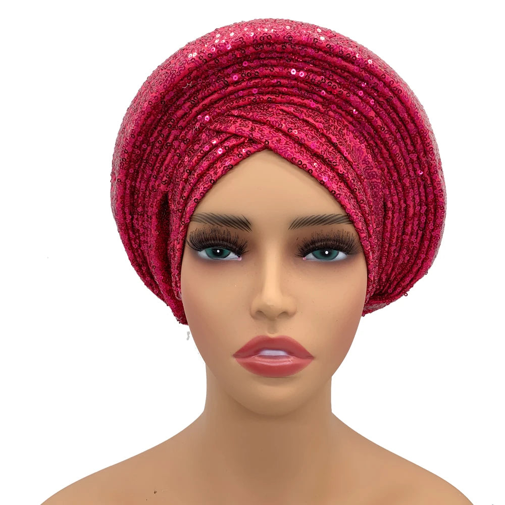 Paillettes Autogele Turban casquette pour femmes prêt africain Auto Gele casque Nigeria mariage Geles femme bandeau dame casque