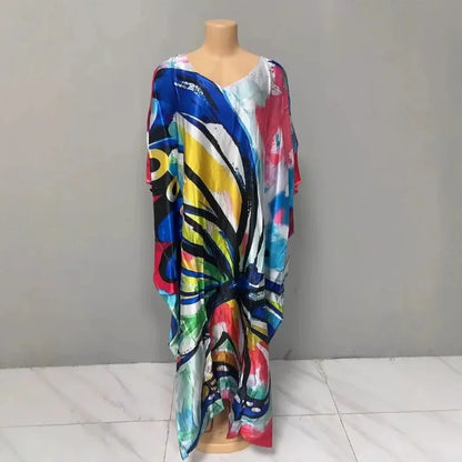 Robe confortable grande taille pour femmes, imprimé Floral, taille ample, jupe longue, manches chauve-souris, col en V, longueur cheville, mode élégante