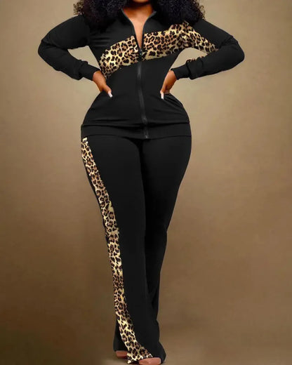 Ensemble de pantalons longs droits pour femmes, fermeture éclair imprimée, col montant, gaine, manches longues, décontracté, automne, hiver, 2024