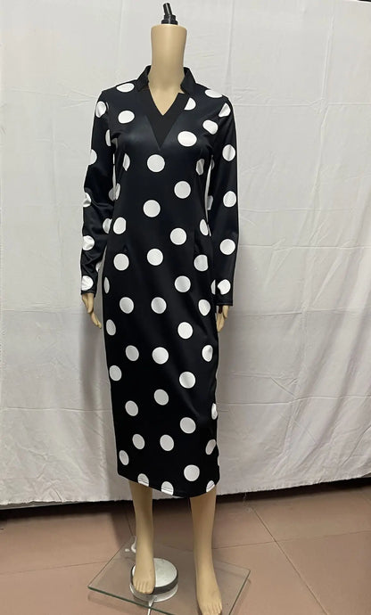 Robes moulantes élégantes à pois pour femmes, coupe en V, manches longues, taille haute, ceinture, bureau, robe de soirée à la mode
