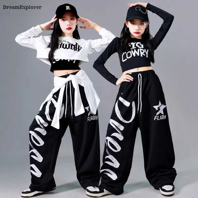 Filles K-pop haut court mode lettres Sport Joggers pantalon fille groupe vêtements ensembles enfants Hip Hop Streetwear enfants Jazz Costumes