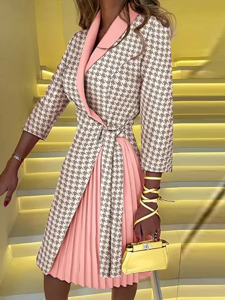 Robe de soirée imprimée à carreaux à manches trois-quarts pour femmes, col en V, dame de bureau, mode pour dames, streetwear d'automne, livraison directe, nouveau