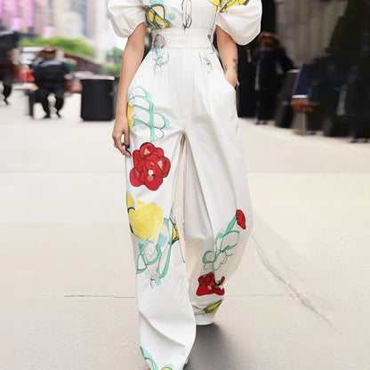 Krisstargirl tenue d'été 2 pièces ensemble pour femme 2025 nouvelle fleur imprimé Blouses haut et pantalon plissé à jambes larges ensembles femme vêtements
