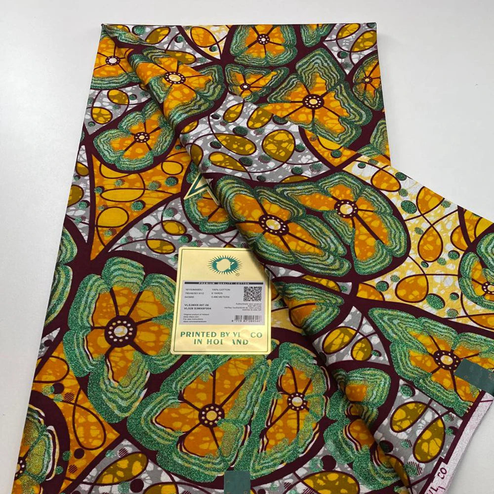 Tissu africain en cire de coton, très bonne qualité, nouvelle grande cire Ankara brillante Pagne, couleur grise, brillant doré, trucs Batik, 6 mètres