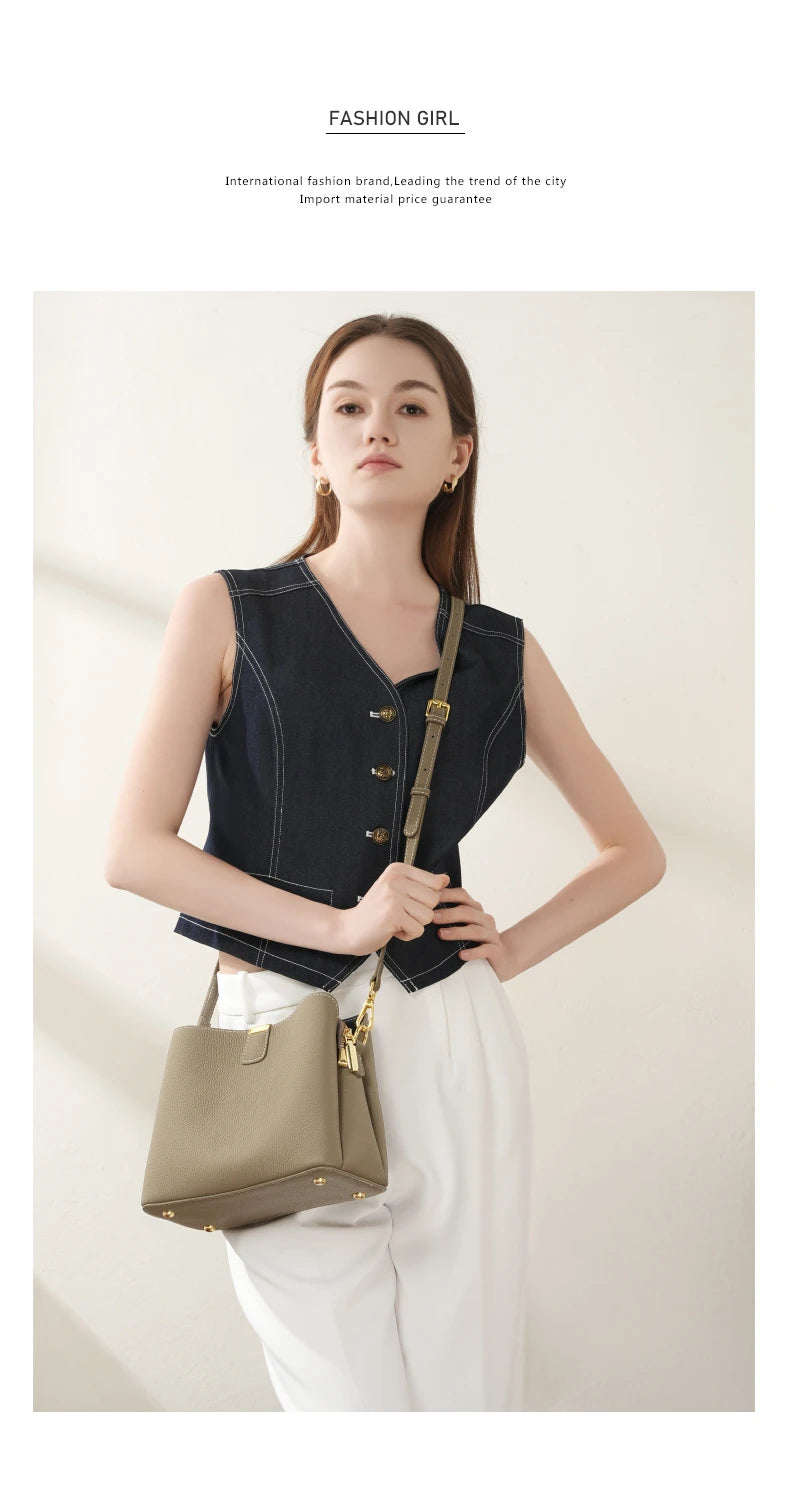 Hifashion 100% vache en cuir véritable seau épaule sacs à bandoulière pour femmes 2025 luxe concepteur large sangle fourre-tout dames sacs à main