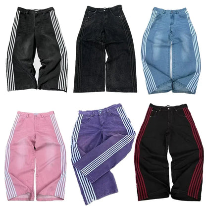 High Street Vintage rayé brodé taille haute jean hommes femmes pantalons décontractés Harajuku Hip Hop rue baggy jambes larges jean