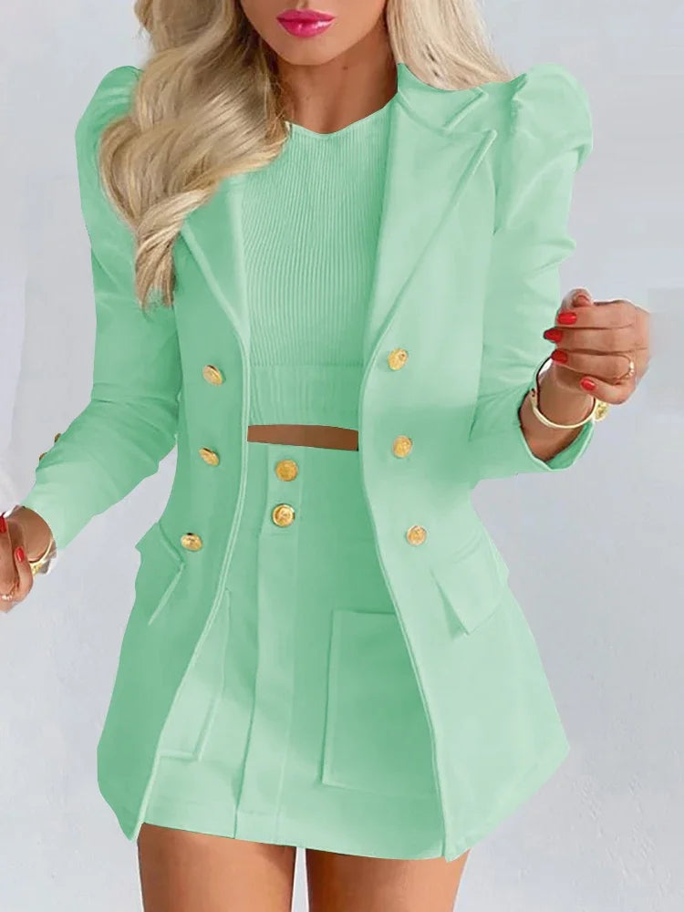 Ensemble Deux Pièces pour Femme, Tenue de Bureau, Couleur Unie, Manches Bouffantes, Jupe à lèvent Taille Haute, Blazer à la Mode, Printemps